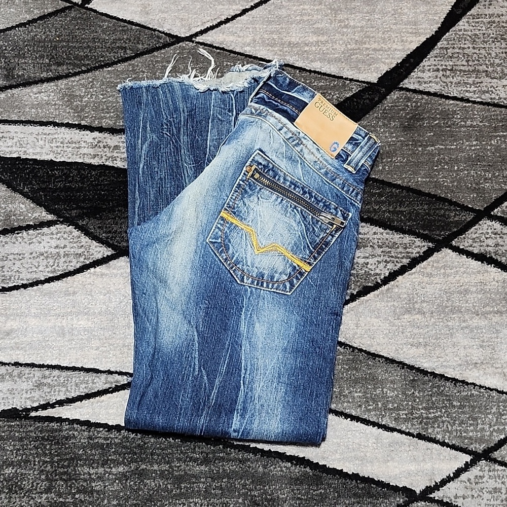 LIMITED EDITION HAND-MADE EMBROIDERED RAW-EDGE PREMIUM GUESS DENIM JEAN